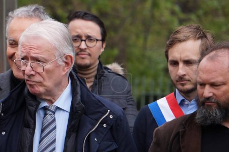 Photo for Toulouse, France - April 2023 - Vice-Chairman of CRIF Occitanie (French Jewish Council) Roger Attali attends a commemoration on Yom Hashoah, at the Holocaust Memorial, with MP Francois Piquemal - Royalty Free Image