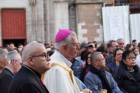 Photo for Toulouse, France - March 2023 - Mgr. Guy de Kerimel, Toulouse's Roman catholic archbishop, with Mgr. Peter Karam, bishop and Maronite eparch for France, in a peace march on Lady Day (Annunciation) - Royalty Free Image