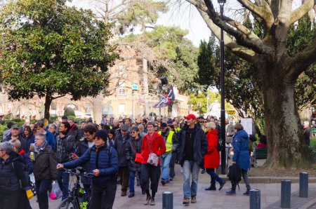 Téléchargez les photos : Toulouse, France - Février 2020 - Militants anarchistes dans une manifestation de Gilets jaunes et de syndicats place Wilson contre la réforme des retraites et la politique sociale d'Emmanuel Macron, agitant un drapeau dans le crâne - en image libre de droit
