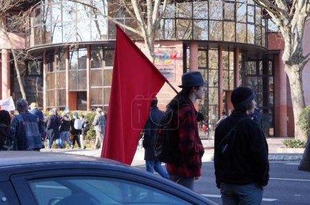 Photo for Toulouse, France - Feb. 2023 - Demonstrators from trade unions or left-wing political parties opposing the government's pension reform (socialists and communists), gathering on Arnaud-Bernard Square - Royalty Free Image
