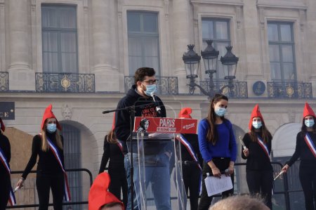 Photo for Paris, France - Oct. 10, 2020 - Speech of Albric Dumont, the young Vice-President of La Manif Pour Tous, at a manifestation in defense of the family and against modern slavery and fatherless MAP - Royalty Free Image