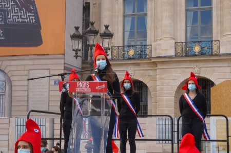 Photo for Paris, France - Oct. 10, 2020 - Speech of the "Mariannes", who are young female supporters of La Manif pour Tous, at Marchons Enfants' demonstration against the bioethics and procreation bill - Royalty Free Image
