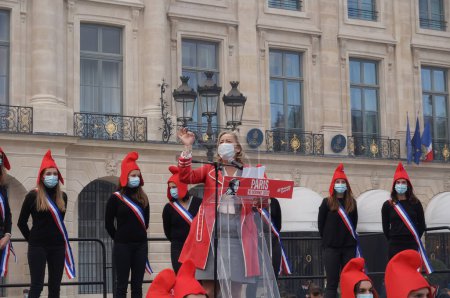 Photo for Paris, France - Oct. 10, 2020 - Ludovine de la Rochre, President of La Manif Pour Tous at Marchons Enfants' manifestation against the bioethics bill - Royalty Free Image
