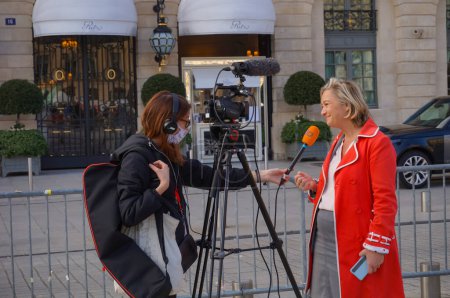 Photo for Paris, France - Oct. 10, 2020 - Ludovine de la Rochre, President of La Manif Pour Tous (LMPT), is interviewed by the French media at Marchons Enfants' demonstration against the bioethics bill - Royalty Free Image
