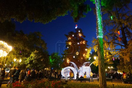Téléchargez les photos : Toulouse, France -Déc. 2019- Plan nocturne de lumières et d'ornements de Noël et d'arbres de Noël dans le jardin bondé de la place Wilson, où les Toulousiens aiment traîner avec leurs familles et amis - en image libre de droit