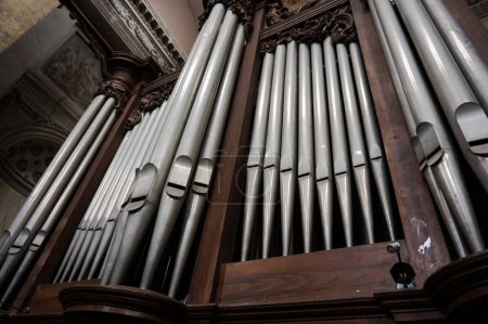 Photo for Toulouse, France - March 2020 - Imposing loft organ on the grandstand of the baroque church of Saint-Pierre des Chartreux (Saint Peter of the Carthusian monastery), featuring richly carved wood - Royalty Free Image