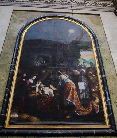 Téléchargez les photos : Toulouse, France - Mars 2020 - "L'Adoration des bergers", une peinture baroque de Jean-Baptiste Despax dans le monastère chartreux Saint-Pierre des Chartreux, représentant une scène biblique - en image libre de droit