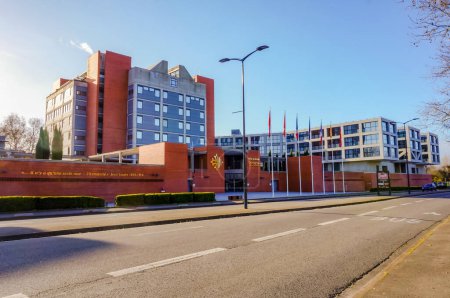 Foto de Toulouse, Francia - Marzo 2020 - Oficinas de la Región Occitanie ("Hotel de Region" o sede del Consejo Regional) con edificios de ladrillo y hormigón y banderas de Francia, Occitanie y la UE - Imagen libre de derechos