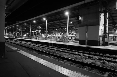 Photo for Toulouse, France - Jan. 2020 - Night photo of the covered platforms and tracks of Toulouse-Matabiau railway station, illuminated by lamp posts, with a TER train operated by SNCF in the background - Royalty Free Image
