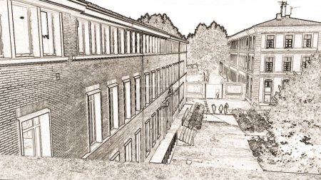 Foto de Antigua configuración de los edificios históricos del Liceo Pierre de Fermat en 2017 antes de las obras de remodelación, con la fachada principal de ladrillo frente a los jacobinos Parvis en Toulouse, Francia - Imagen libre de derechos