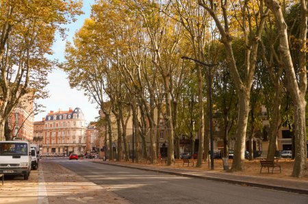 Foto de Toulouse, Francia - Nov. 2019 - Salin Square (Place du Salin), que se dirige a un edificio de apartamentos de ladrillo de estilo Haussmann en Languedoc Street, bordeado de plátanos y con amplios carriles bici a cada lado. - Imagen libre de derechos