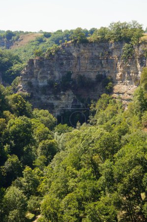 Foto de Un promontorio de piedra caliza rocosa, parcialmente cubierto de árboles, en el Cañón de Bozouls, también conocido como "Hoyo de Bozouls", un sitio geológico atravesado por el río Duero, en el valle del Lot, en el sur de Francia - Imagen libre de derechos