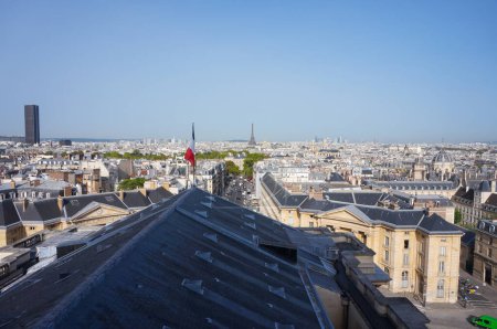 Photo for Paris, France - Sept. 5, 2023 - Panoramic view from Panthon Dome, in the perspective of Soufflot Street, on the 5 and 7th arrondissements; afar, Montparnasse and Eiffel towers dominate the skyline - Royalty Free Image