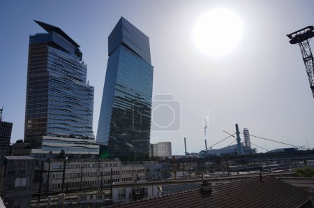Photo for Paris, France - Sept. 5, 2023 - Tours Duo, modern glass skyscrapers in the 13th arrondissement, occupied by BPCE banking group, built above the railway tracks, in Paris-Rive Gauche (Left Bank) - Royalty Free Image