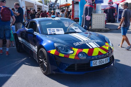 Photo for Chlons-en-Champagne, France - Sept. 9, 2023 - A blue, screen-printed Alpine A110 of the National Gendarmerie (military police); Alpine is the sports brand of French automotive manufacturer Renault - Royalty Free Image