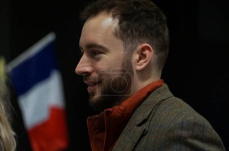Photo for Toulouse, France - Feb. 11, 2023 - Damien Rieu, ex-legislative candidate and executive at Reconqute!, Eric Zemmour's political party, at a conference; he is a right-wing influencer and media activist - Royalty Free Image