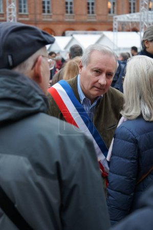 Photo for Toulouse, France - Nov. 12, 2023 - Mayor of Toulouse Jean-Luc Moudenc at a rally against antisemitism on Capitole Square, amid increasing violence against Jewish targets since the Hamas terror attack - Royalty Free Image