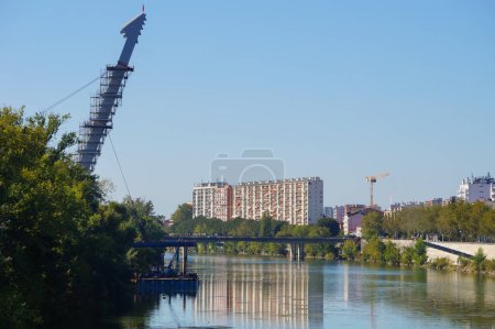 Photo for Toulouse, France - Oct. 7, 2023 - Construction site of Passerelle Rapas: view on the River Garonne and the both sides that will be linked with the future footbridge, Ramier Island and Left Bank - Royalty Free Image