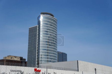 Photo for Lyon, France - Nov. 24, 2023 - Built above Wesfield Shopping Mall in the forefront, Tour Oxygne and the older Tour Swiss Life, two glass office towers in La Part-Dieu Central Business District (CBD) - Royalty Free Image