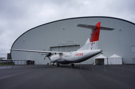 Photo for Toulouse, France - Nov. 21, 2023 - Rear of an ATR 72 on the tarmac at Blagnac Airport; ATR (Regional Transport Aircrafts) is a French-Italian manufacturers that produces short-haul turboprop planes - Royalty Free Image