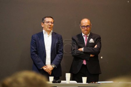 Photo for Toulouse, France - Nov. 15, 2023 - Nicolas Bonleux, Chairman of Lignes Droites ("Straight Lines"), hosts a conference by Patrice Michel, former public prosecutor and expert in illegal immigration - Royalty Free Image