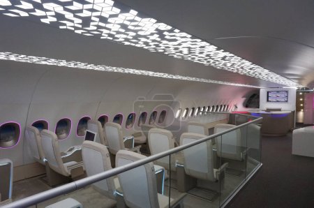 Photo for Toulouse, France - Nov. 21, 2023 - Passengers' seat inside the cabin of an Airbus A380, kept at Aeroscopia Museum; the A380 was the largest airliner worlwide and had a wide-body, double-decker frame - Royalty Free Image