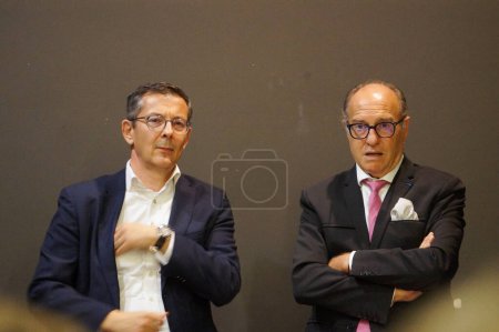Photo for Toulouse, France - Nov. 15, 2023 - Nicolas Bonleux, Chairman of Lignes Droites ("Straight Lines"), hosts a conference with Patrice Michel, former public prosecutor and expert in illegal immigration - Royalty Free Image