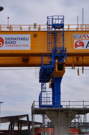Photo for Labge, France - Dec. 2, 2023 - Detail of a girder launcher on the construction site of the viaduct for the extension of Line B of Toulouse's metro; the structure relies on the bridge concrete piles - Royalty Free Image