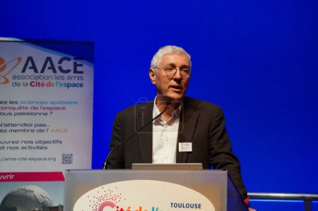 Photo for Toulouse, France - Dec. 4, 2023 - Jean-Claude Dardelet, Vice-President of Toulouse Mtropole, Deputy Mayor, Vice-President at Thales Alenia Space, gives a speech at AACE yearly Awarding Ceremony - Royalty Free Image