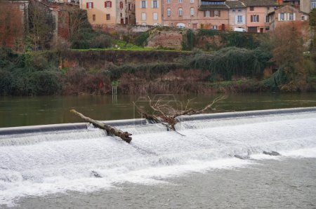 Foto de Albi, Francia - 18 de febrero de 2024 - Un tronco de árbol y madera muerta arrastrados por la corriente y bloqueados en un vertedero, en el río Tarn, por debajo de las históricas terrazas de ladrillo construidas en la orilla, en la Ciudad Vieja - Imagen libre de derechos