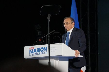 Photo for Palavas-les-Flots, France - April 6, 2024 - Eric Zemmour, president of the conservative party Reconqute, gives a speech during a rally amid the political campaign for the European Parliament elections - Royalty Free Image