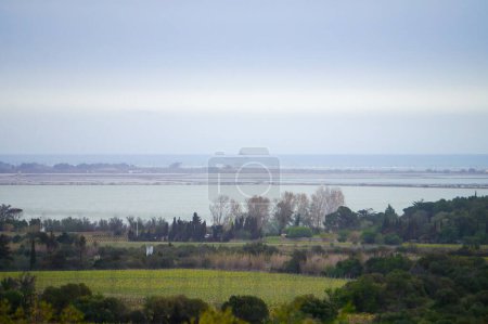 Catalane-La Palme, France - April 6, 2024 - Early morning view on the Lagoon of Bages-Sigean: it bathes Narbonne area, communicates with the Mediterranean Sea and has both fresh and salted water