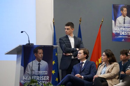 Photo for Toulouse, France - April 27, 2024 - Julien Abbas, political aide to Levallois mayor, with other young members of JLR, the youth movement of Les Republicains party, at MEP F.-X. Bellamy's rally - Royalty Free Image