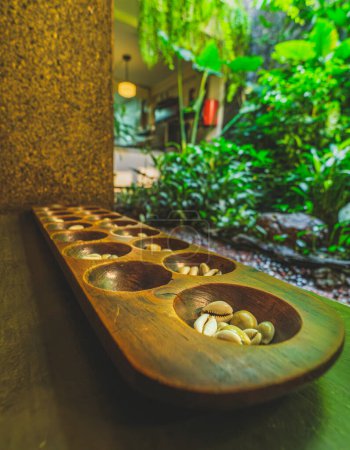 A wooden tray with seashells sits on a table in a lush green garden.