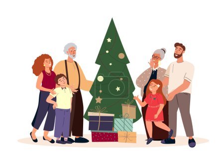 Illustration for Big Happy Family around Christams Tree and Gifts,Presents Boxes Celebrating New Year and Xmas Together.Grandparents,Young Woman and Man,Kids,Children decorating Chrismas Tree.Flat vector Illustration - Royalty Free Image