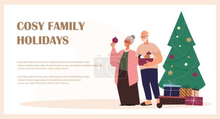 Illustration for Landing Page Template.Happy Old Aged Couple decorate Christmas Tree.Gift,Celebrating Christmas and New Year together.Holiday Atmosphere,Family winter holiday.Smiling Retired People.Vector illustration - Royalty Free Image