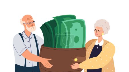 Glückliche Rentner männliche weibliche Charaktere stehen auf einem riesigen Stapel goldener Münzen. Konzept des finanziellen Reichtums, Rentenabzüge, Ersparnisse, wohlhabender Ruhestand. Menschen Flat Vector Illustration