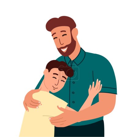 Illustration for Loving Father and boy son child hugging together.Love and trust of dad and child.Family relationships,Support and love.Warm hugs.Happy Man and kid.Flat vector illustration isolated,white background - Royalty Free Image