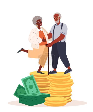 Ilustración de Happy Senior African Black Skin Pensioners Hombre Personajes femeninos Stand on Huge Pile of Money Golden Coins Stack.Riqueza financiera, deducciones de pensiones, ahorros, retiro acaudalado. - Imagen libre de derechos