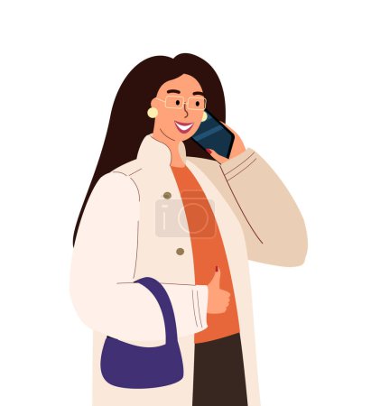 Illustration for Confident Smiling Female Character talking on the phone. Business woman,Young Lady.Women Empowerment Isolated on White Background. Busy Business Woman in conversation.People Vector Flat Illustration - Royalty Free Image