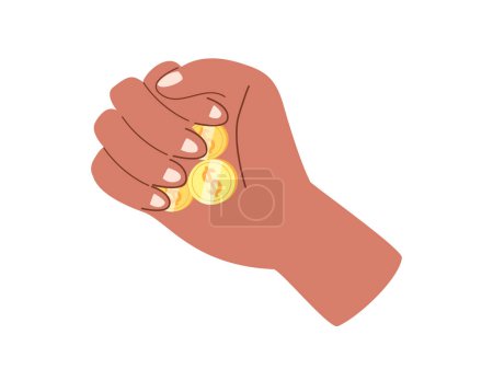 Ilustración de Monedas de oro en la palma de la mano.Mano sosteniendo dinero en efectivo, financiación.Ayuda financiera, ahorro y concepto de devolución de efectivo. Contribución y donación con centavos de dólar de oro.Ilustración vectorial plana aislada sobre fondo blanco - Imagen libre de derechos