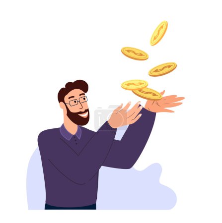 Ilustración de Poor but happy man taking golden cents dollars in palms.Unemployed beggar,needy person. Finance inequality,wealth and poverty concept. Flat graphic vector illustrations isolated on white background - Imagen libre de derechos