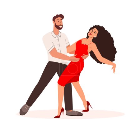 Illustration for Happy beautiful couple man and woman in elegant sexy red dress dancing sensual tango,moving to music.Handsome sexy Young people dancers on high heels.Vector illustration isolated on white background - Royalty Free Image