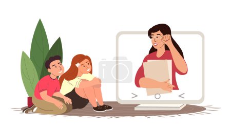 Illustration for Exited pupils of primary school in learning process sitting with a laptop and studying online.Children listening lesson. Internet remote education teacher on zoom.Online video call use computer Laptop - Royalty Free Image