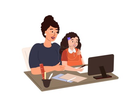 Illustration for Happy Family Together Prepare Schoolgirl for School.Child Education.Mother Tutor Support Daughter Girl to do Homework.Lesson Learning.Pupil Studying at Home on computer Online.Flat Vector Illustration - Royalty Free Image