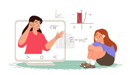 Illustration for Exited pupil of primary school in learning process sit with a laptop and studying online.Children listening Math lesson.Internet remote education teacher on zoom.Online video call use computer Laptop - Royalty Free Image