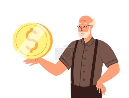Illustration for Senior Elderly Man Character Holds Large Golden Coin.Wealthy retirement,Prosperous Life in Old Age.Positive Rich Retired Man Receives High Income.Isolated, White Background.People Vector Illustration - Royalty Free Image