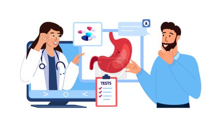 Illustration for Online Doctor Gastroenterologist Consulating Patient.Curing Stomach Ache,Gastritis.Online Diagnostics,Medical Application.Clinic Consultation on Laptop,Zoom.Medical Hospital.Flat Vector Illustration - Royalty Free Image