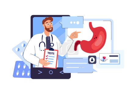 Illustration for Online Doctor Gastroenterologist Consulating in the Internet.Curing Stomach Ache,Gastritis.Online Diagnostics,Medical Application.Clinic Consultation .Medical Hospital.Flat Vector Illustration - Royalty Free Image