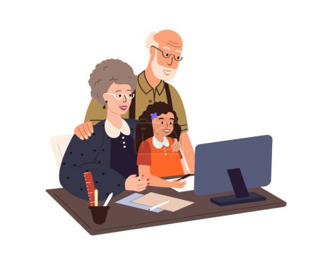 Ilustración de Happy Grandparents and Grandchild sitting at the table in the laptop together.Grandma ,Grandfather help to Study their Girl.Warm relationships,retired pensioners support child.Flat Vector Illustration - Imagen libre de derechos